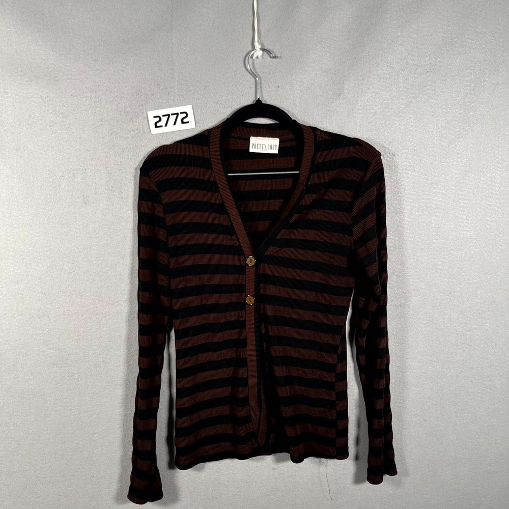 Pretty Good Cardigan Sweater Womens Small Brown Black Striped Ribbed V Neck
